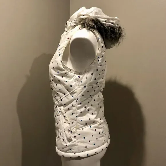 Burton Dryride Puffer Vest Small Cream Hooded Faux Fur Trim Zip Snap Pockets - Picture 5 of 12